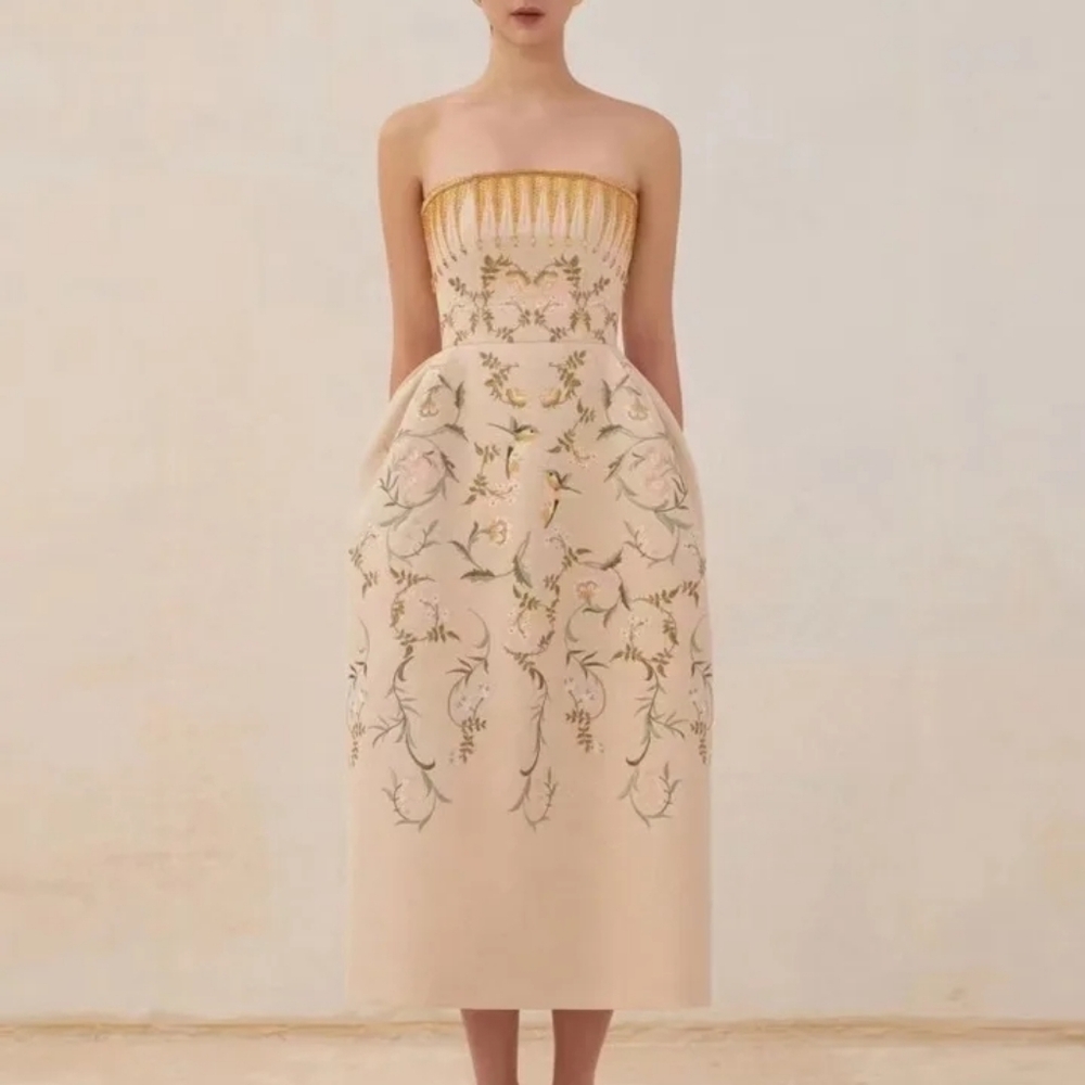 Elegant Cream Strapless Midi Dress